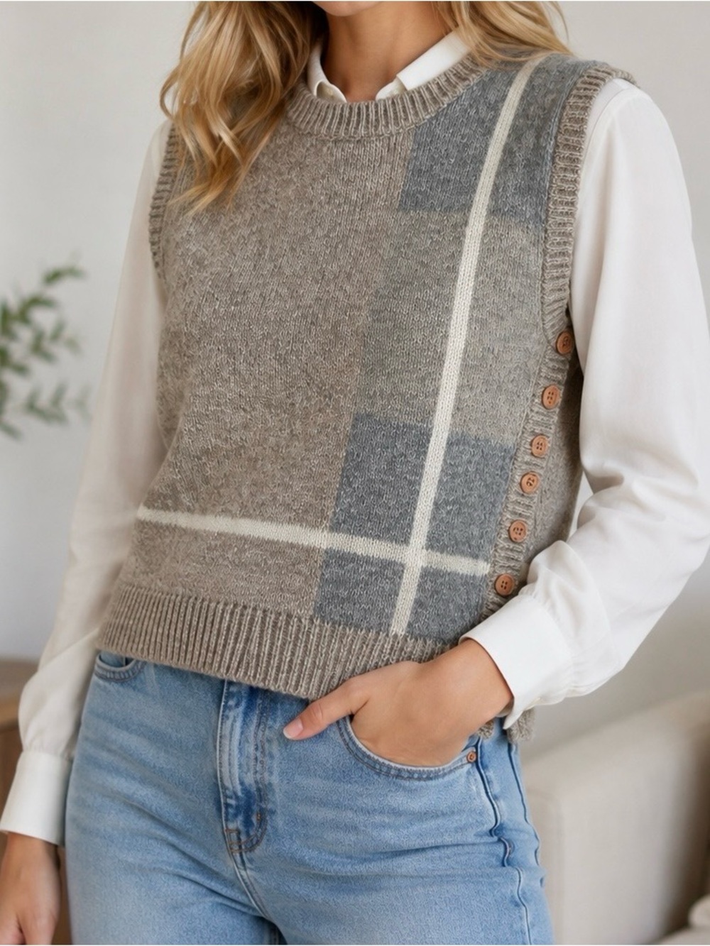 Haberdashery Plaid Sweater Vest Side Button Preppy Grandpa Core
